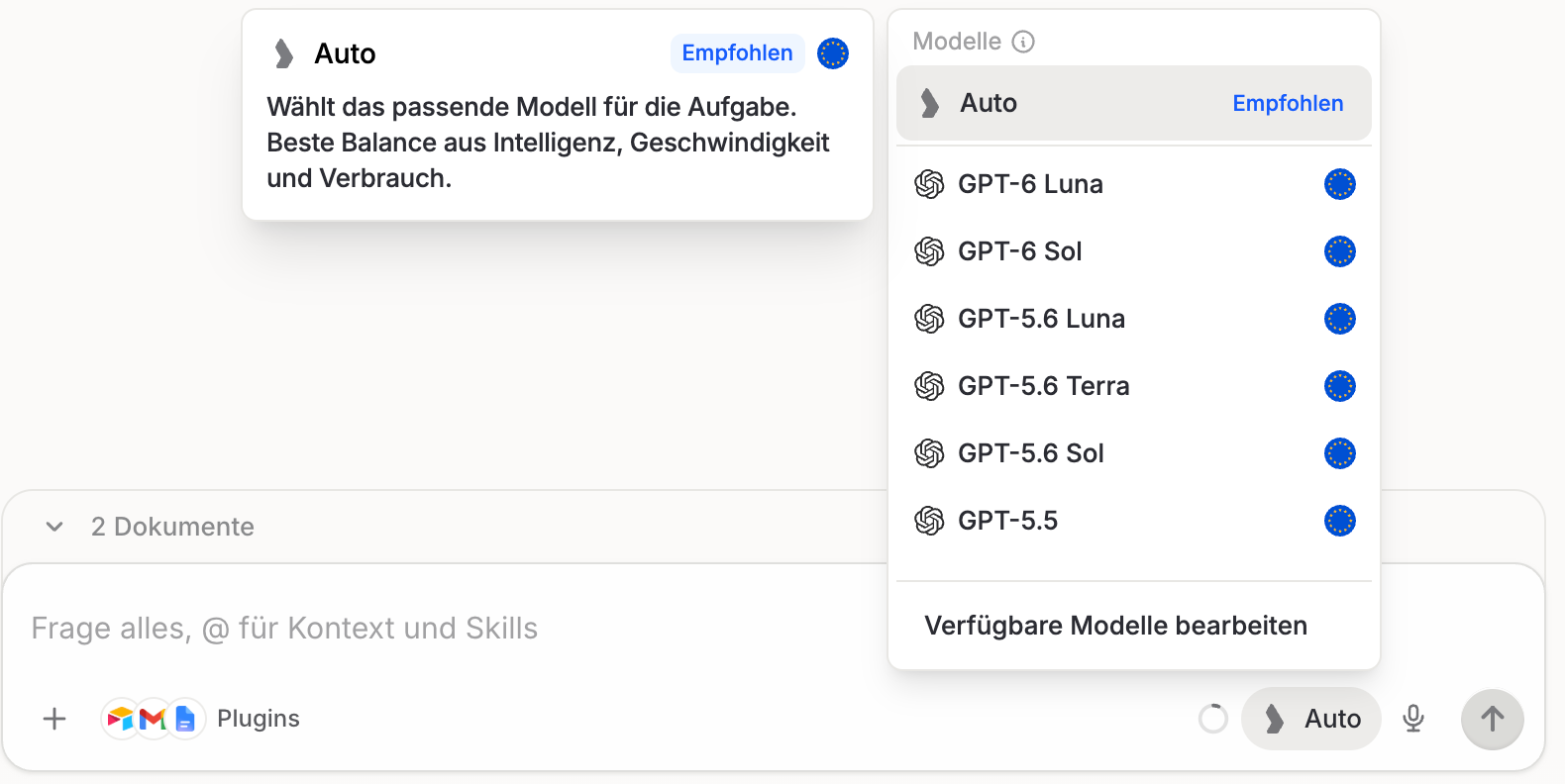 Langdock-Modellmenü mit Auto-Modus und verfügbaren Modellen