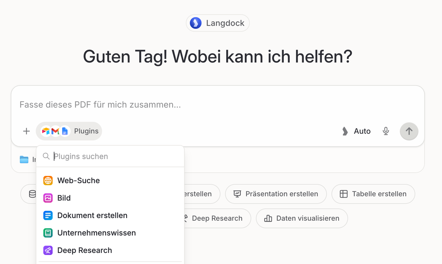 Langdock-Funktionsmenü mit Websuche, Bildgenerierung und Deep Research
