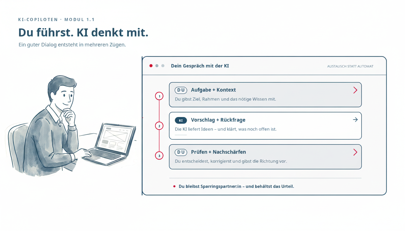 Eine Marketingperson am Laptop im Dialog mit einer KI: Du gibst Aufgabe und Kontext, die KI macht Vorschläge und stellt Rückfragen, du prüfst und schärfst nach.